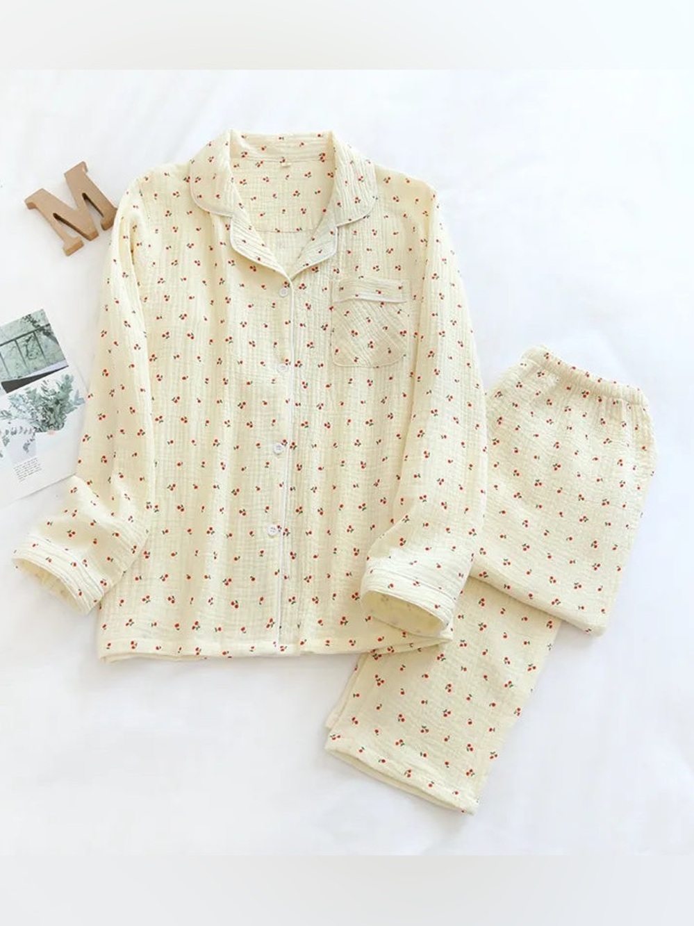 Muslim Cotton Light Yellow Cherry Pattern Pajama Set